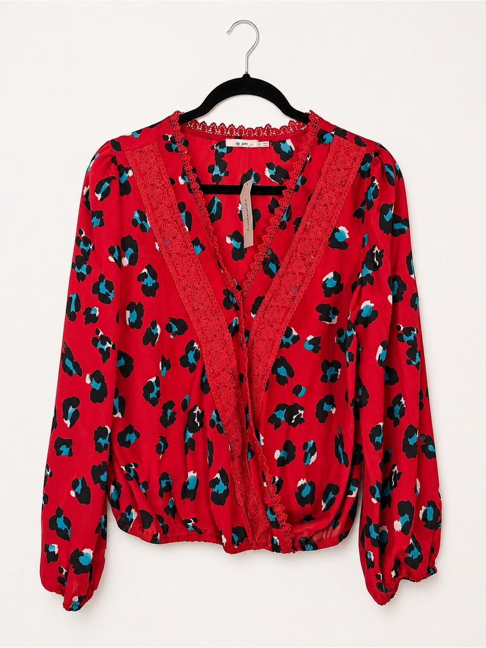 Francesca's Collections Red Leopard Print V-Neck Lace Trim Blouse